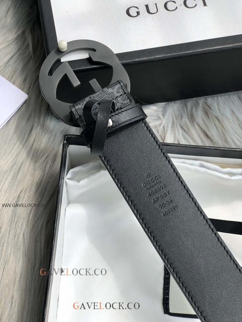 Gucci Black Leather Belt PVC Monogram Interlocking G Buckle